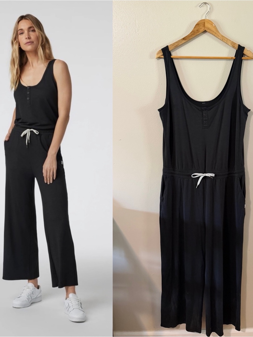 Vuori | Wide Leg Falls Henley Jumpsuit, Black, XL